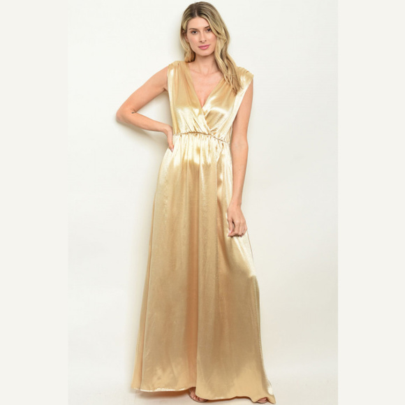 Gold Sleeveless Plunge Neckline Satin Dress S-M-L - Picture 3 of 4